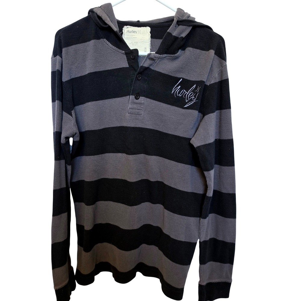 Vintage Hurley Mens Hoodie Striped Waffle Knit Henley ZLG Sleeve Grey/Blk XL